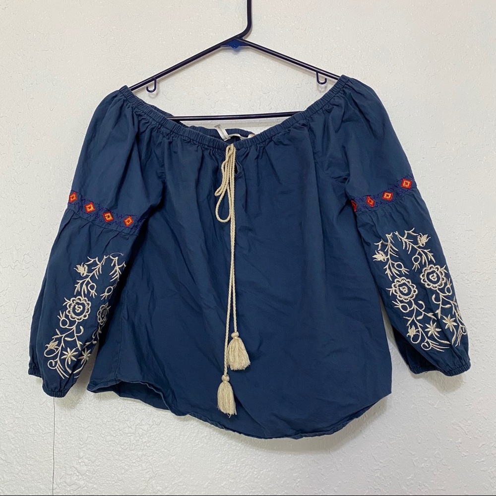 Off the shoulder blue shirt